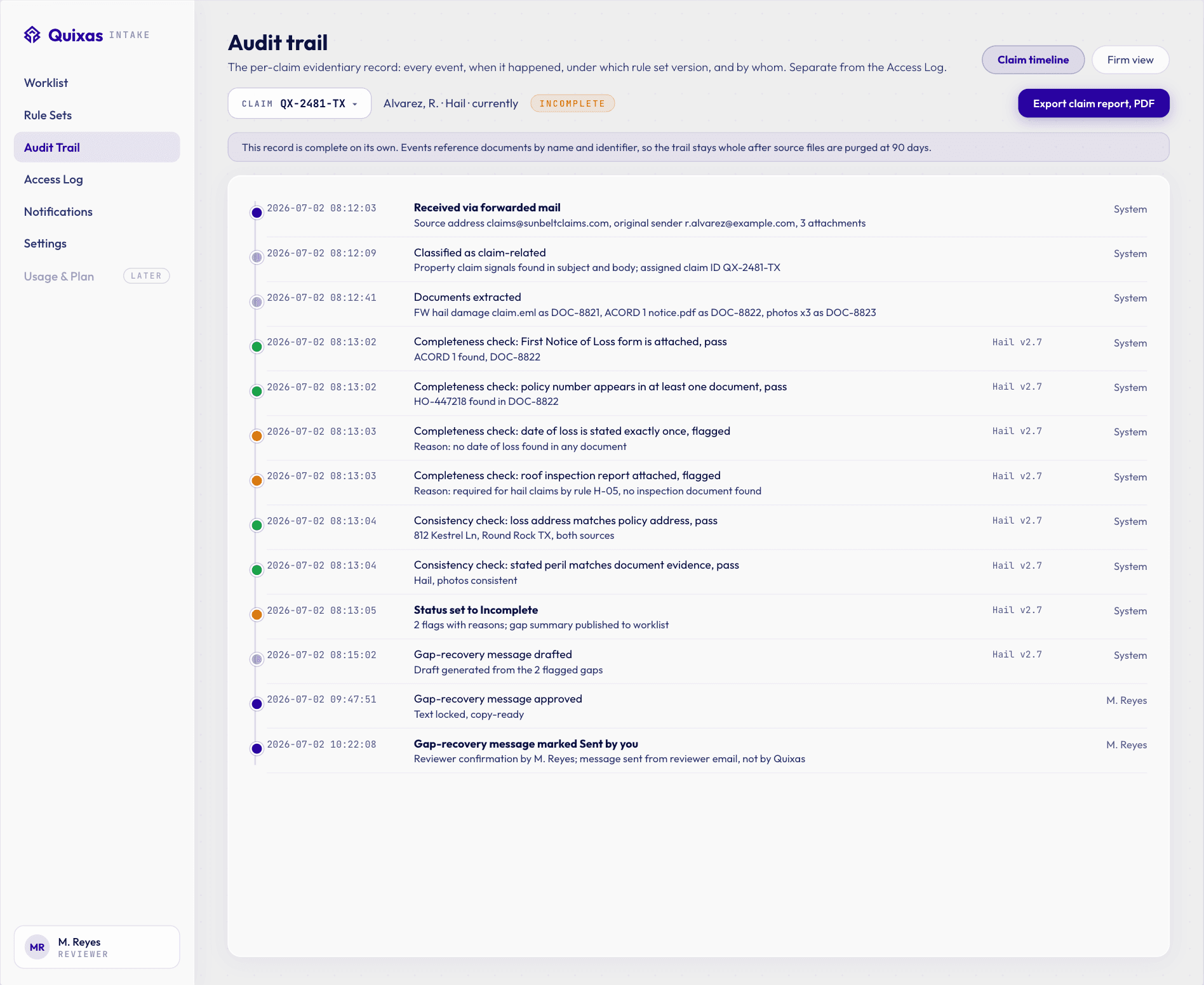 Quixas audit trail screen showing a per-claim timeline of checks with timestamps, rule set versions, and reviewer actions.