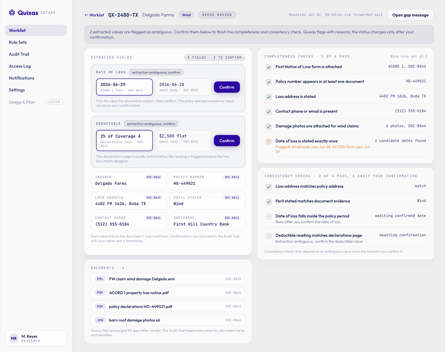 Quixas claim detail screen showing extracted fields awaiting reviewer confirmation alongside completeness and consistency check results.